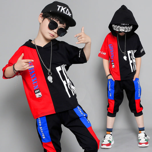 Summer Korean-Style Boys' Short-Sleeved Suit – Trendy Stitching Sportswear Set
