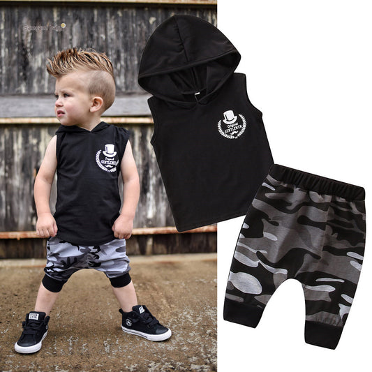 2PCS Toddler Boy Outfit – Sleeveless Hooded Top & Camo Pants Set